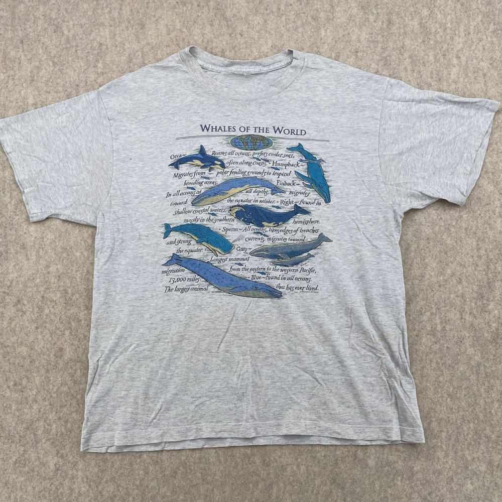 Vintage Whales of the World T Shirt Gray Harbor Blue Graphics Single Stitch Sz L